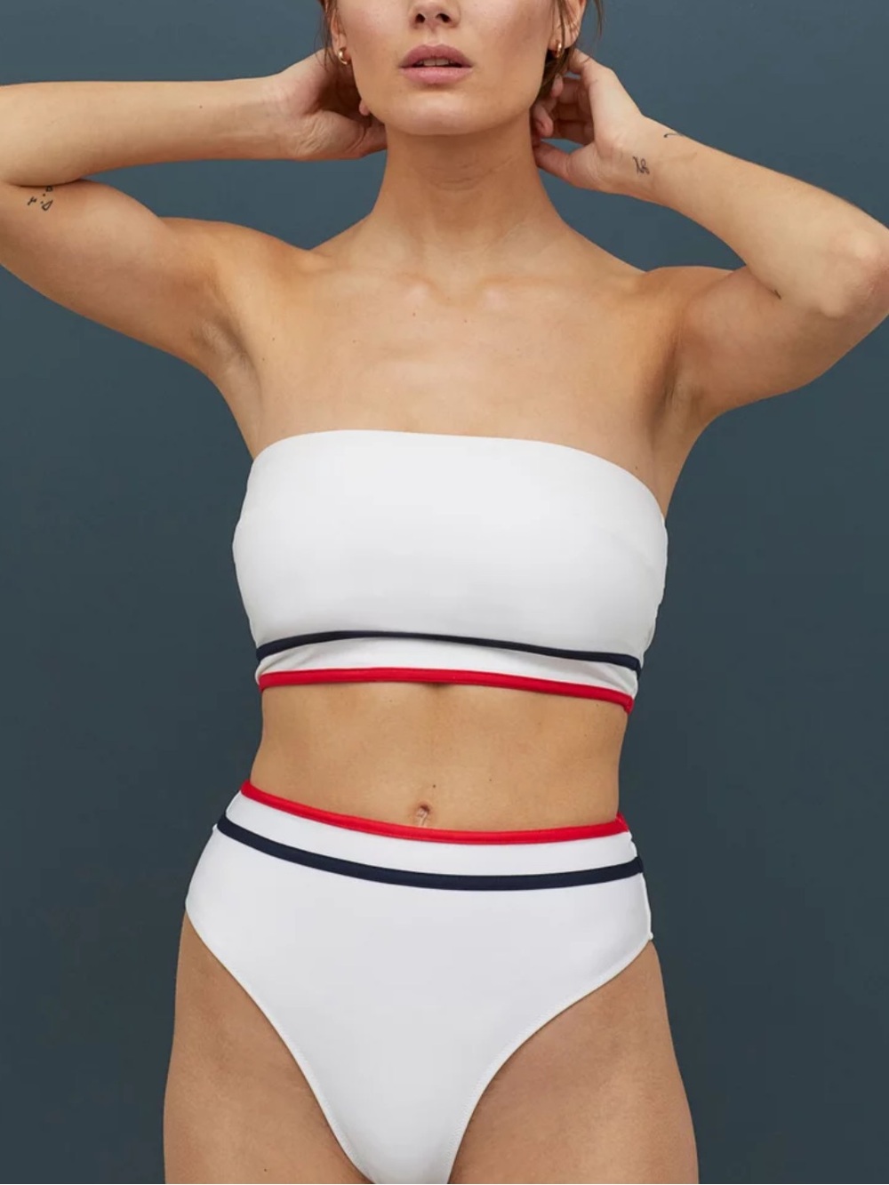 H&M White Bandeau High Waist Bikini Set with Red and Navy Trim